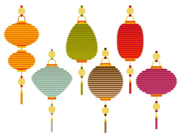 Set di colorate lanterne stradali in carta cinese in stile piatto. Illustrazione vettoriale . — Vettoriale Stock