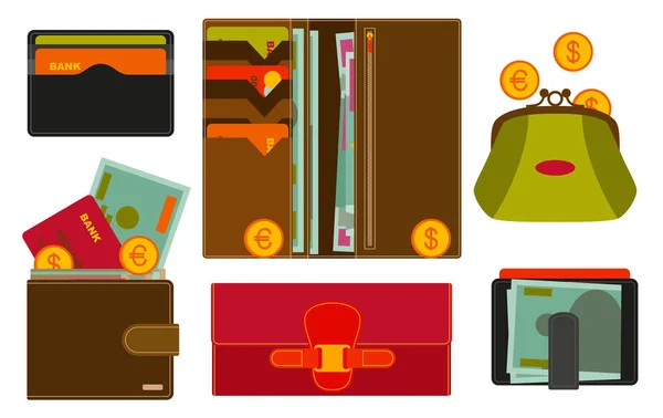 Várias carteiras com vários compartimentos e dinheiro dentro. Ícones de compras em estilo plano. Ilustração vetorial . — Vetor de Stock