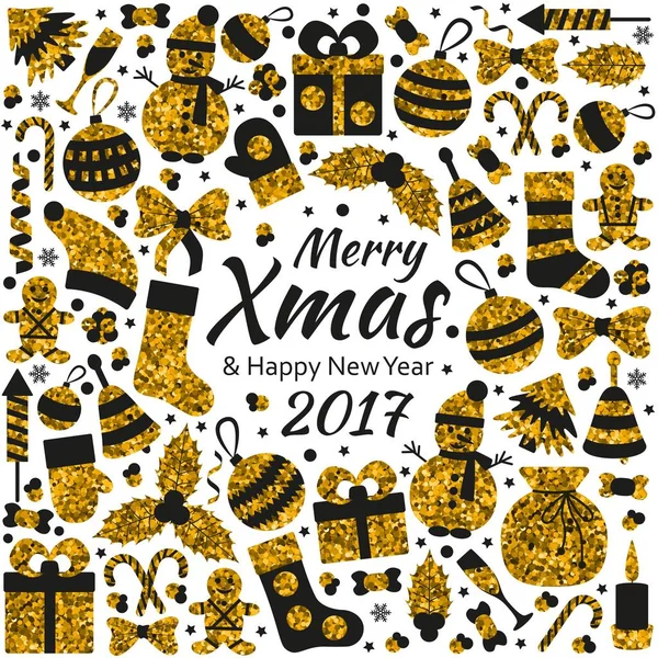 Tarjeta de felicitación de Navidad con texto Feliz Navidad y muchos juguetes dorados de invierno. Ilustración vectorial . — Archivo Imágenes Vectoriales