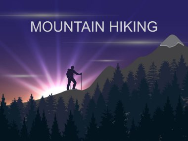 Hiking, Trekking, dağcılık tırmanışı, tema üzerinde vektör arka plan. Doğa sporları, Açık Rekreasyon, macera dağlarda. Tatil ve Açık Rekreasyon kavramı