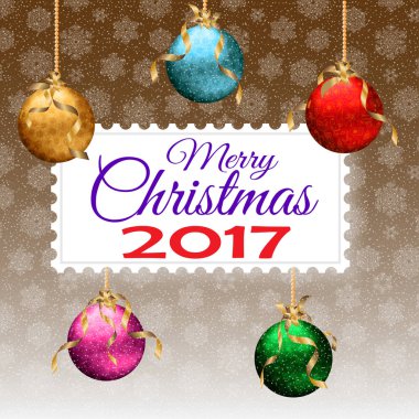 Noel kartı renkli cam topları, kar taneleri, kürk dalları ve metin çerçevesindeki