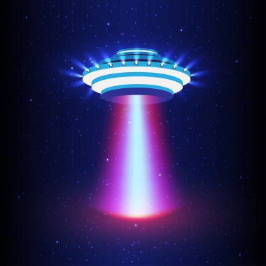 UFO ışık vektör. Yabancı gökyüzü kirişler. UFO Uzay gemisi kirişli