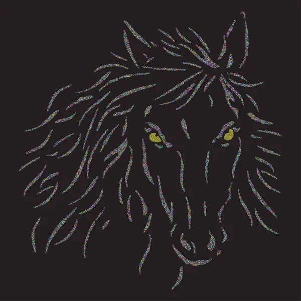 La testa del cavallo su sfondo nero. Mezzitoni colorati, pixel art. Logo del cavallo. Polo segno. Illustrazione vettoriale — Vettoriale Stock