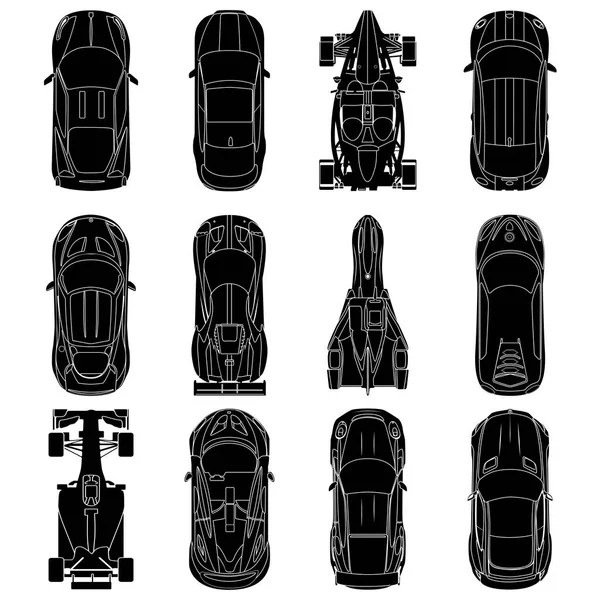 Conjunto de iconos de vista superior de coches deportivos y de carreras, siluetas de coches, aislados sobre fondo blanco. ilustración vectorial — Archivo Imágenes Vectoriales