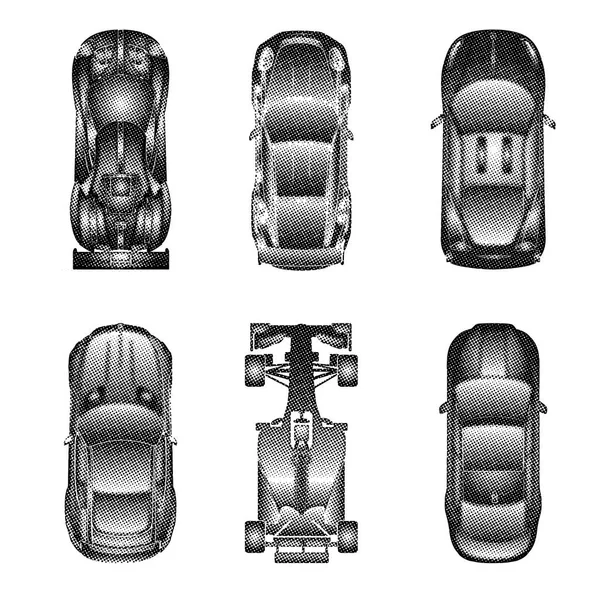 Deporte y carreras de coches iconos de vista superior conjunto, aislado sobre fondo blanco. Puntos de medio tono. ilustración vectorial — Archivo Imágenes Vectoriales