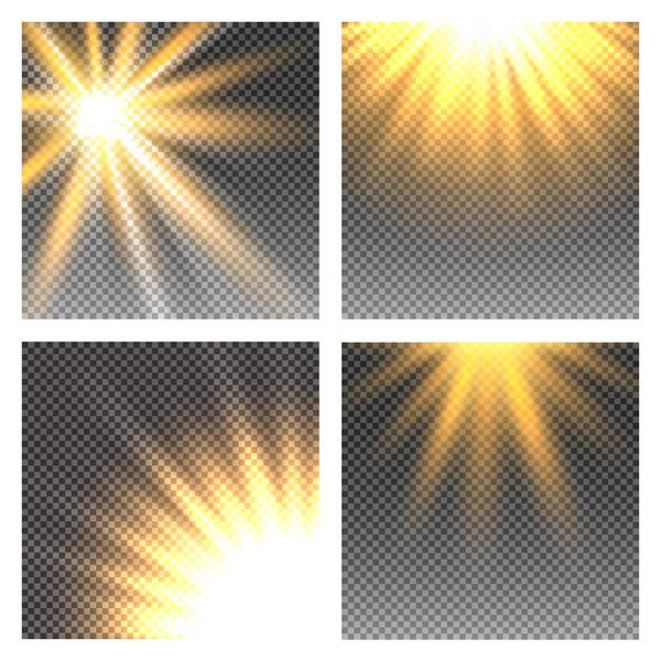 Efecto de luz de destello de lente especial de luz solar transparente vectorial. Flash de sol con rayos y foco sobre fondo a cuadros — Archivo Imágenes Vectoriales