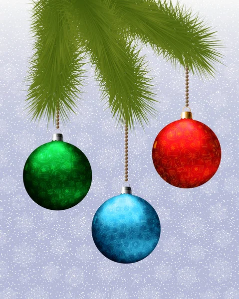 Weihnachten Hintergrund mit Tannenzweig und Kugeln auf dem weißen Hintergrund. Vektorillustration — Stockvektor