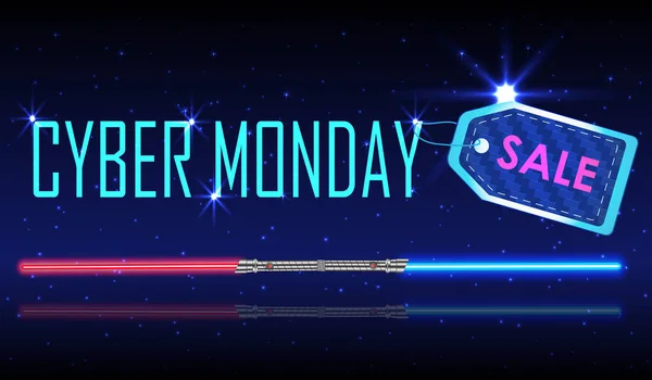 Cyber pondělí prodej realistických papíru cenovka na pozadí s světelný meč. Popisek — Stockový vektor