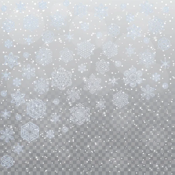 Падаючий сніговий фон на прозорому тлі. Векторні ілюстрації — стоковий вектор
