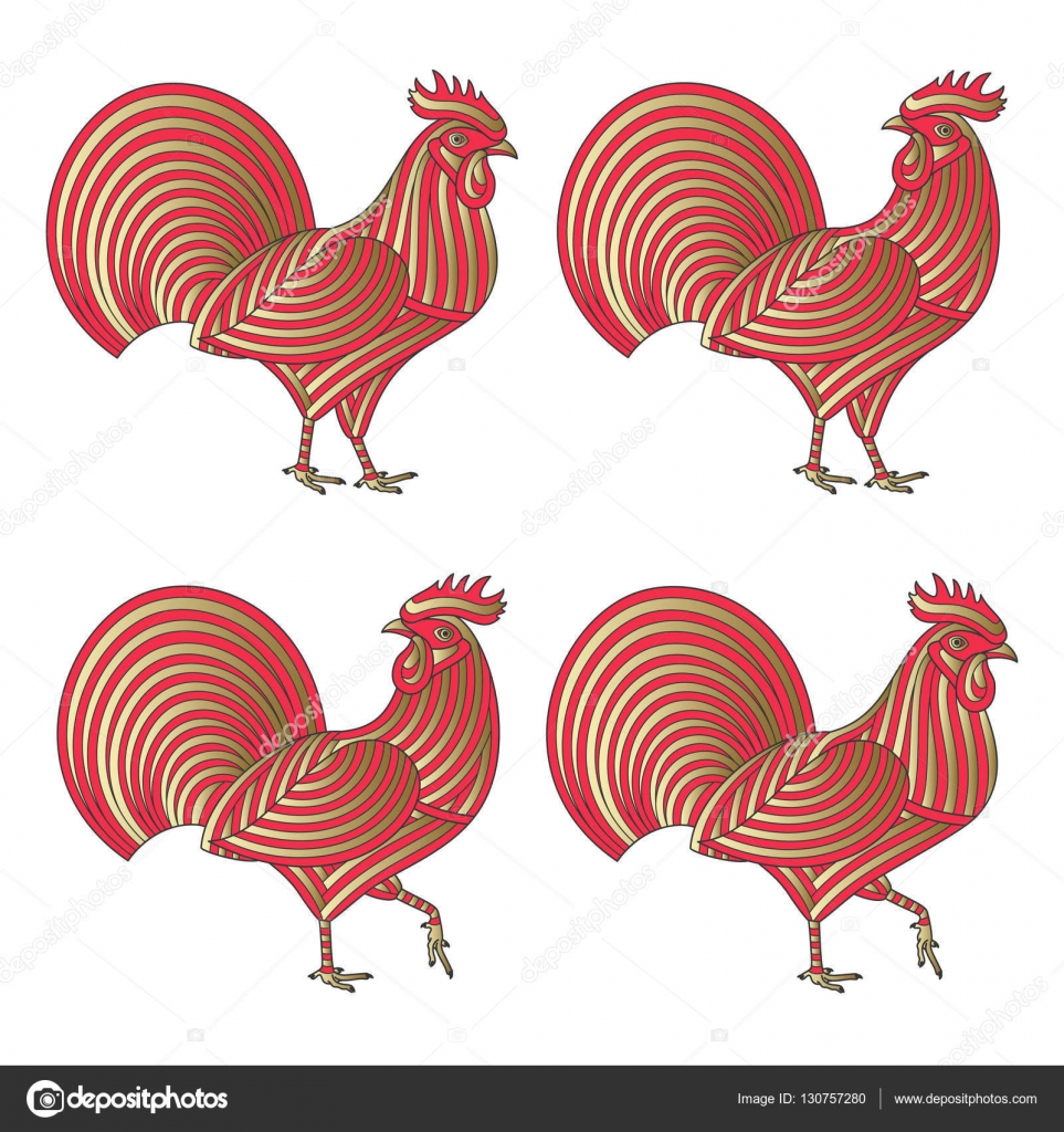 Creativi Galli stilizzati nei colori rosso e dorati Buon per logo tatuaggio disegno della maglietta Animale bianco Illustrazione di vettore