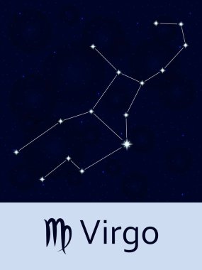 Başak burcu. Burç takımyıldızı yıldız. Yıldız ve bokeh arka ile soyut alanı gece gökyüzü arka plan. Vektör çizim. Mobil uygulamalar, Astroloji, bilim şablon temelli.
