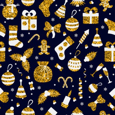 Noel birçok kış altın oyuncaklar ile seamless modeli. Vektör çizim.