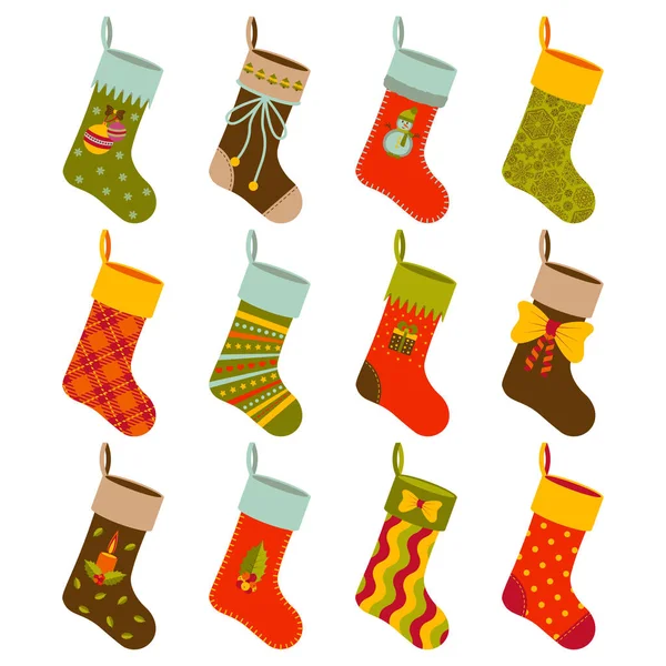 Різдвяні подарункові шкарпетки встановлені з різними святковими елементами. Векторні ілюстрації . — стоковий вектор