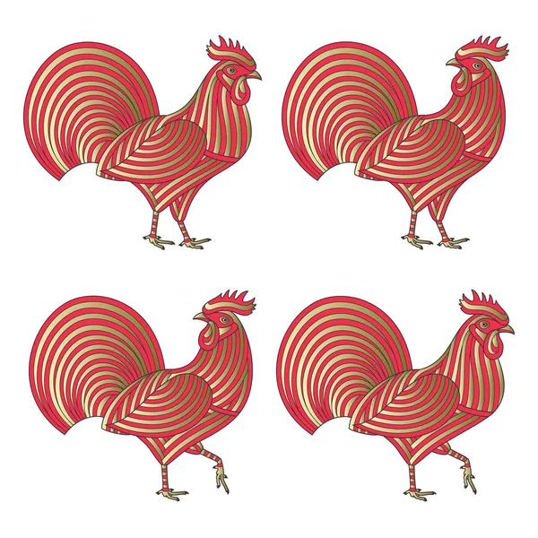 Gallos estilizados creativos en colores rojo y dorado. Bueno para el logotipo, tatuaje, diseño de la camiseta. Fondo animal. Ilustración vectorial — Archivo Imágenes Vectoriales