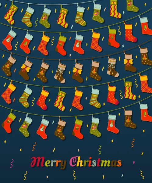Fond de Noël avec guirlandes et chaussettes cadeaux. Illustration vectorielle . — Image vectorielle