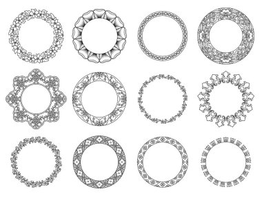 Vektör etnik dekor için çiçek öğeleri kümesi. Yuvarlak kare. Detaylı dekoratif motifler. Siyah ve beyaz renkleri.