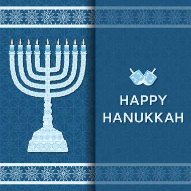 Hanukkah menorah ve metin Mutlu Hanuka arka plan. Mumlar, David star ve mücevher. Güzel tebrik kartı.