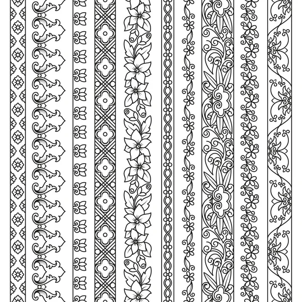 Vector set floral elementen voor etnische decor. Naadloze patronen voor frames, randen en achtergronden. Gedetailleerde decoratieve motieven. Zwart-wit kleuren. — Stockvector