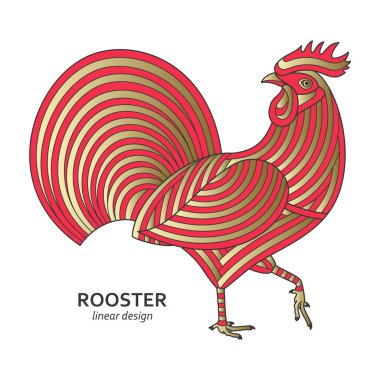 Kırmızı ve altın renkleri yaratıcı stilize horoz. Logo, dövme, t-shirt tasarım için iyi. Hayvan arka plan. Vektör çizim