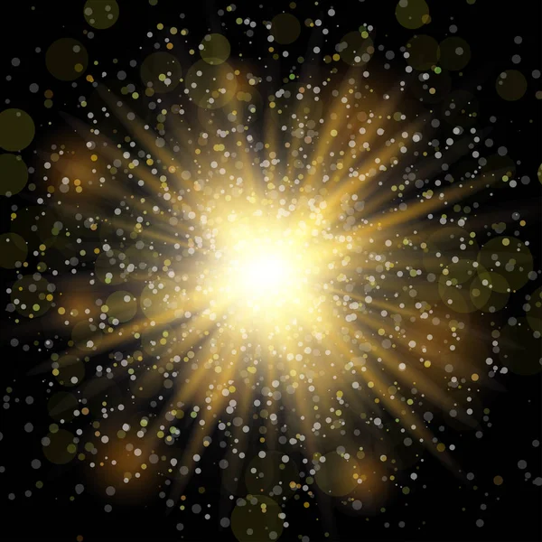 Luce solare trasparente vettoriale effetto luce di brillamento speciale lente. Brillantini d'oro. Stella scoppiata con scintille. Buon Natale e Felice Anno Nuovo, 2017 — Vettoriale Stock