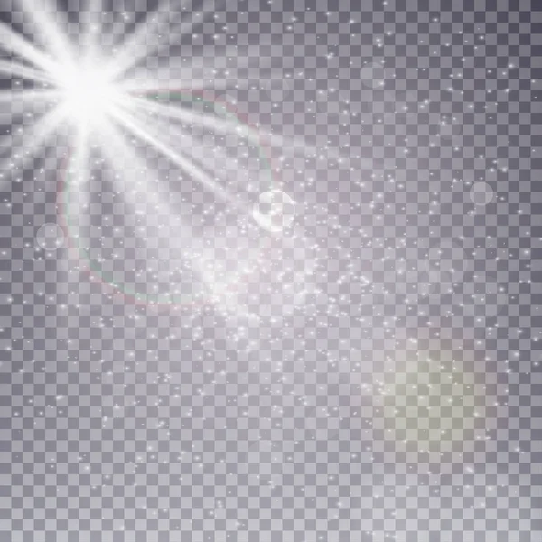 Efecto de luz de destello de lente especial de luz solar transparente vectorial. Rayo de sol con rayos, nieve y proyector — Vector de stock