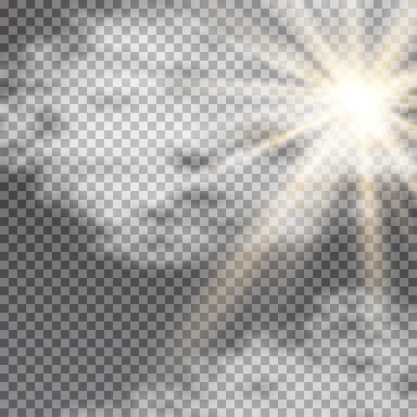 Vektor transparentní sluneční světlo speciální čočky odlesk světelný efekt. Sun flash s paprsky, mraky a reflektor — Stockový vektor