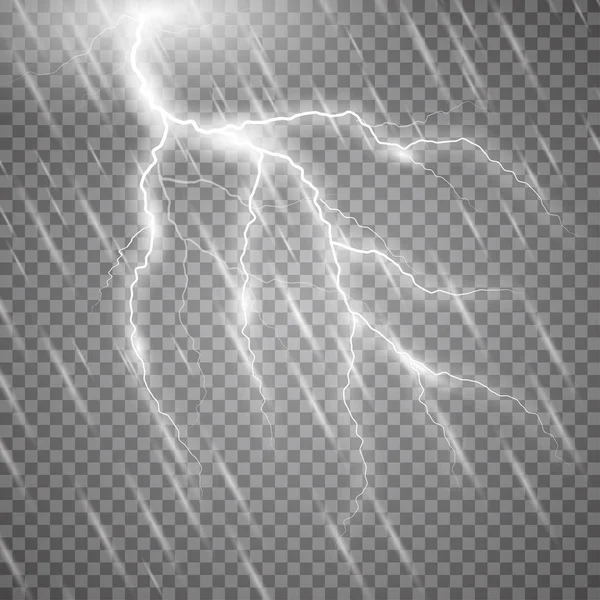 Realistisk vektor lightning med regn på rutig bakgrund. — Stock vektor