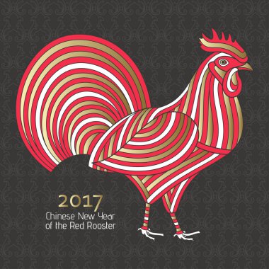 Kırmızı ve altın renkleri yaratıcı stilize horoz. 2017 yıl sembolü. Vektör çizim