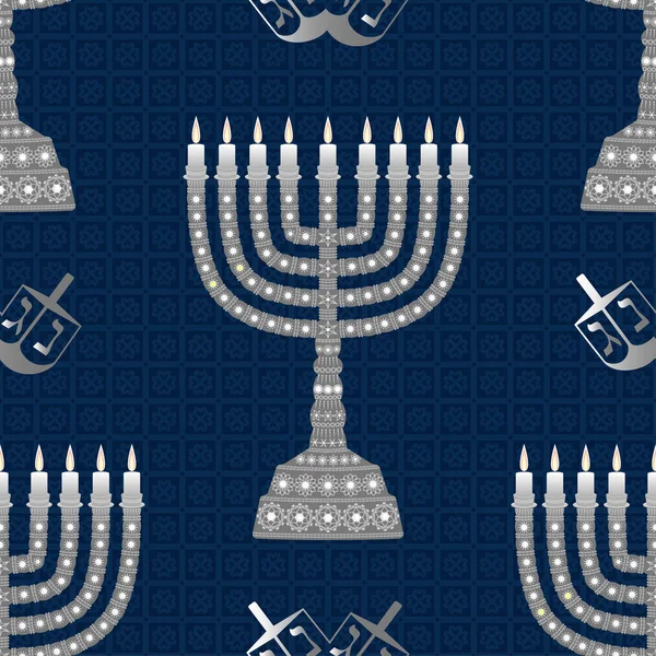 Hanukkah background with menorah. Candles, David star and jewels. Seamless pattern. — Stock Vector