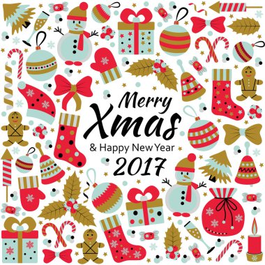 Noel tebrik kartı metinle Merry Xmas ve birçok kış oyuncaklar doodle. Vektör çizim.