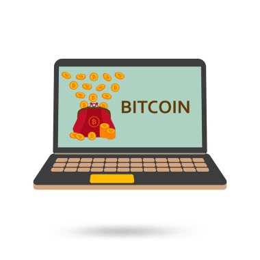 Bir çanta için düşen ve daha önce ayakta bitcoins para ile dizüstü bilgisayar kutsal kişilerin resmi. Vektör çizim.