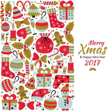 Noel tebrik kartı metinle Merry Xmas ve birçok kış oyuncaklar doodle. Vektör çizim.