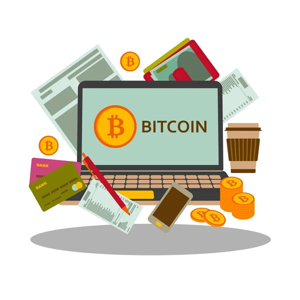Έννοια bitcoins. Laptop, πιστωτικές κάρτες και κέρματα. Εικονογράφηση διάνυσμα. — Διανυσματικό Αρχείο