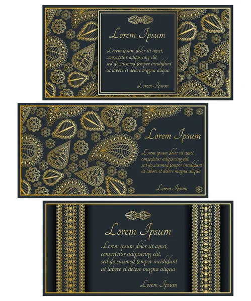 Set of golden invitation cards with paisley and floral elements. Good for weddings, parties, anniversaries, etc. — Stock Vector