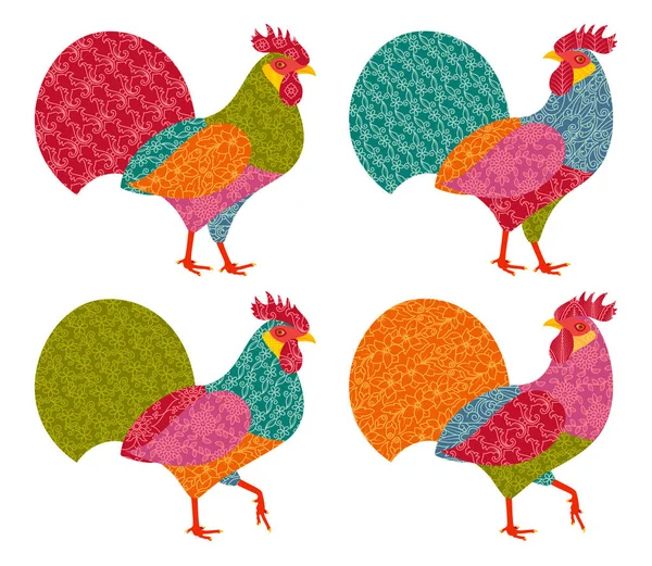 Gallos estilizados creativos en estilo patchwork. 2017 Año Nuevo símbolo polla roja. Ilustración vectorial — Archivo Imágenes Vectoriales