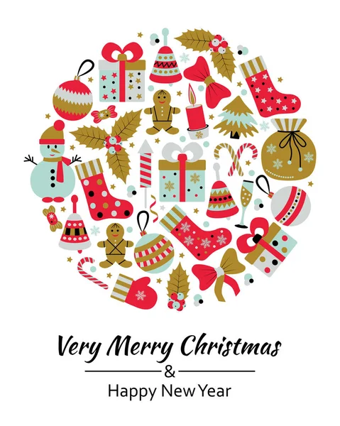 Tarjeta de felicitación de Navidad con texto Muy Feliz Navidad y muchos juguetes de garabatos de invierno. Forma redonda. Ilustración vectorial . — Archivo Imágenes Vectoriales