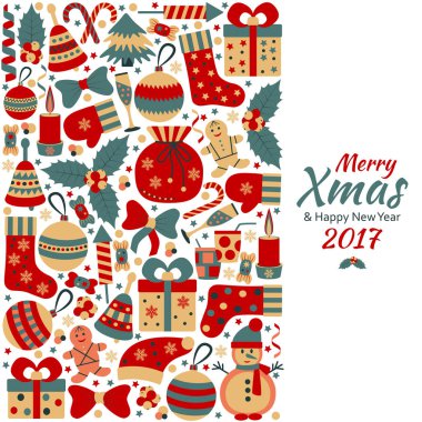 Noel tebrik kartı metinle Merry Xmas ve birçok kış oyuncaklar doodle. Vektör çizim.
