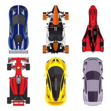 Spor ve yarış arabaları üst beyaz arka plan üzerinde izole Icons set görüntüleyin. vektör çizim