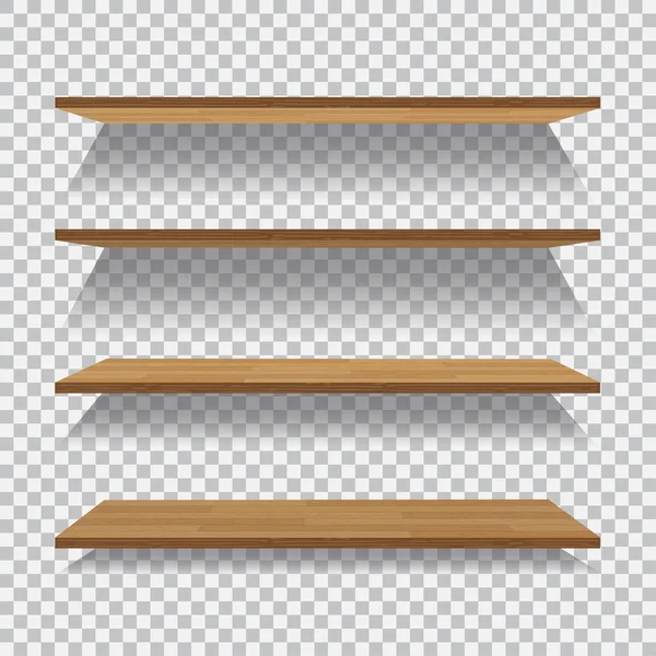 Estantes vacíos en la pared de madera, iluminados con luz reflectora sobre fondo a cuadros, ilustración vectorial — Vector de stock