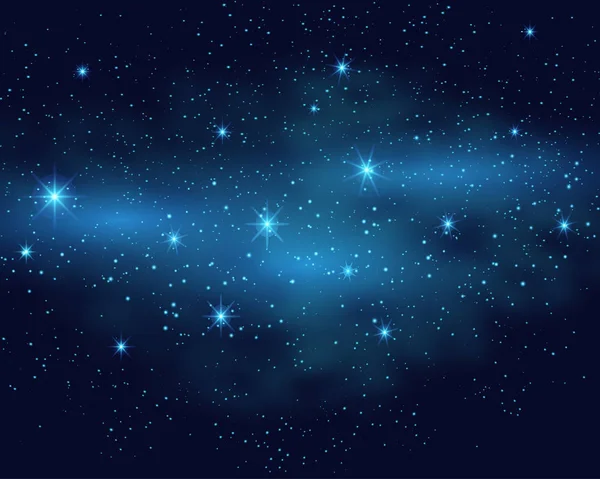 Kozmik uzay koyu gökyüzü arkaplanı ve gece vektör illüstrasyonunda mavi parlak yıldız nebulası