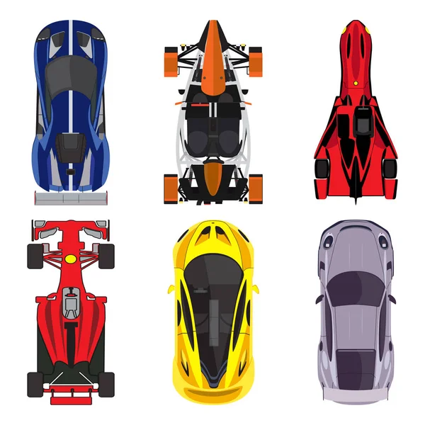 Спортивні та гоночні автомобілі зверху іконки, встановлені ізольовані на білому тлі. Векторна ілюстрація — стоковий вектор