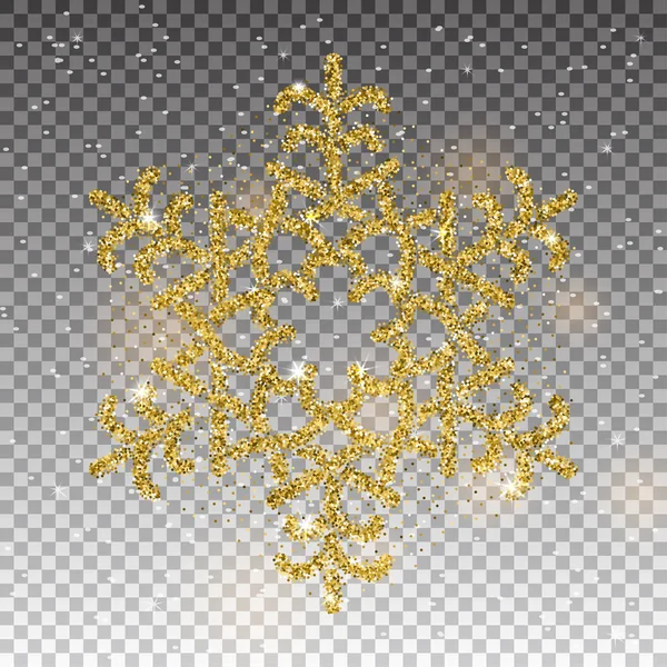 Funkelnde goldene Schneeflocke mit Glitzertextur für Weihnachten, Neujahrsgrußkarte. Vektor schwarzer Hintergrund mit isolierter Winterschneeflocke — Stockvektor