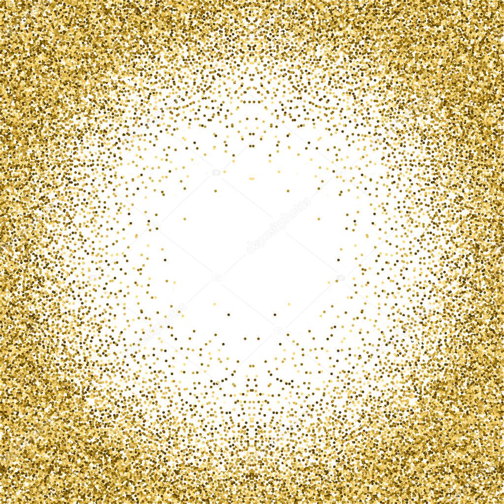 Gold glitter texture isolated on white background. Vector illustration for golden shimmer background. Sparkle sequin tinsel yellow bling. For sale gift card, brightly vibrant certificate voucher