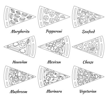Dokuz adet çizgi stili sıcak lezzetli lezzetli pizza. Vektör çizim
