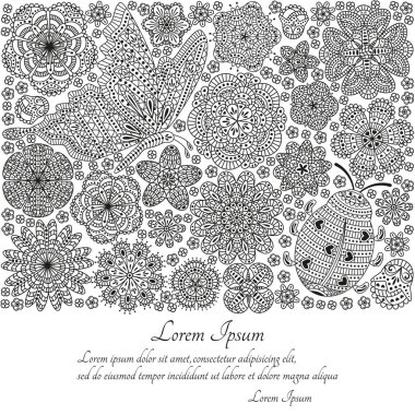 Tebrik kartı veya şablon kelebek, uğur böceği ve çok süslü elemanları ile. Vektör çizim.