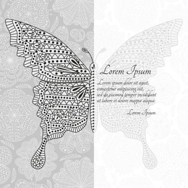 Tebrik kartı veya şablonu ile süslü kelebek. Vektör çizim.