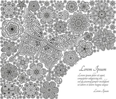 Tebrik kartı veya şablon kelebek, uğur böceği ve çok süslü elemanları ile. Vektör çizim.