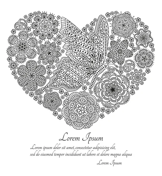 Tarjeta de felicitación o plantilla con mariposa, mariquita y muchos elementos adornados. Forma de corazón. Ilustración vectorial . — Archivo Imágenes Vectoriales