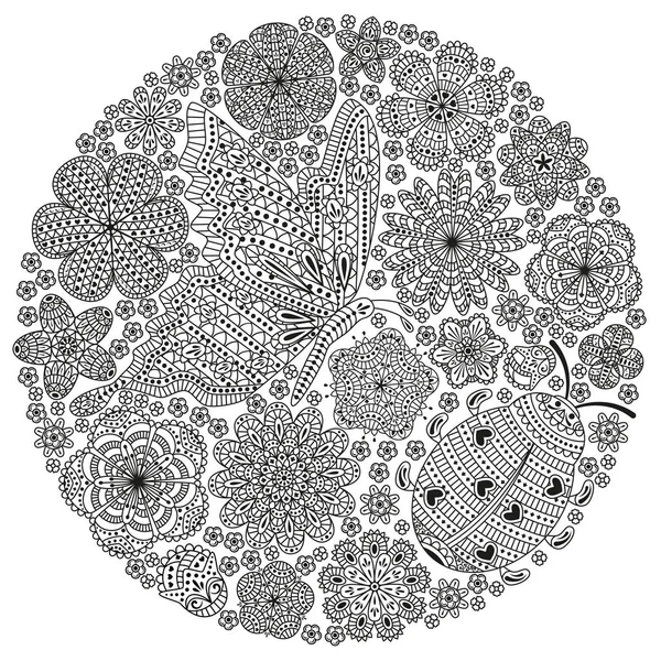 Tebrik kartı veya şablon kelebek, uğur böceği ve pek çok süslü öğelerinin., yuvarlak şekli ile. Vektör çizim.