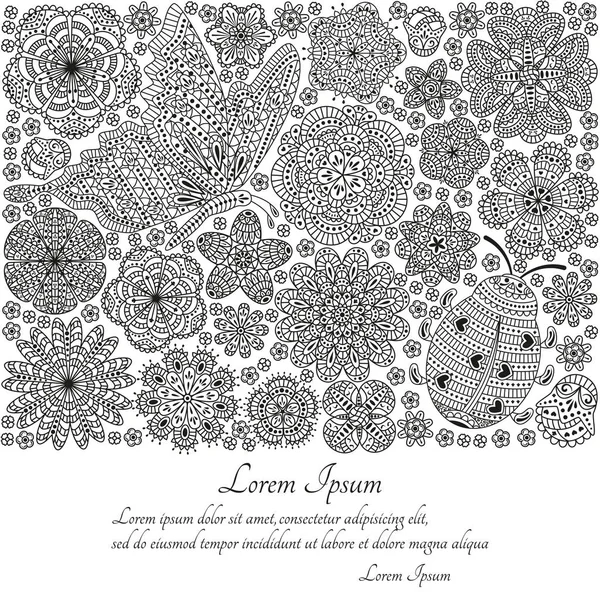 Tebrik kartı veya şablon kelebek, uğur böceği ve çok süslü elemanları ile. Vektör çizim.